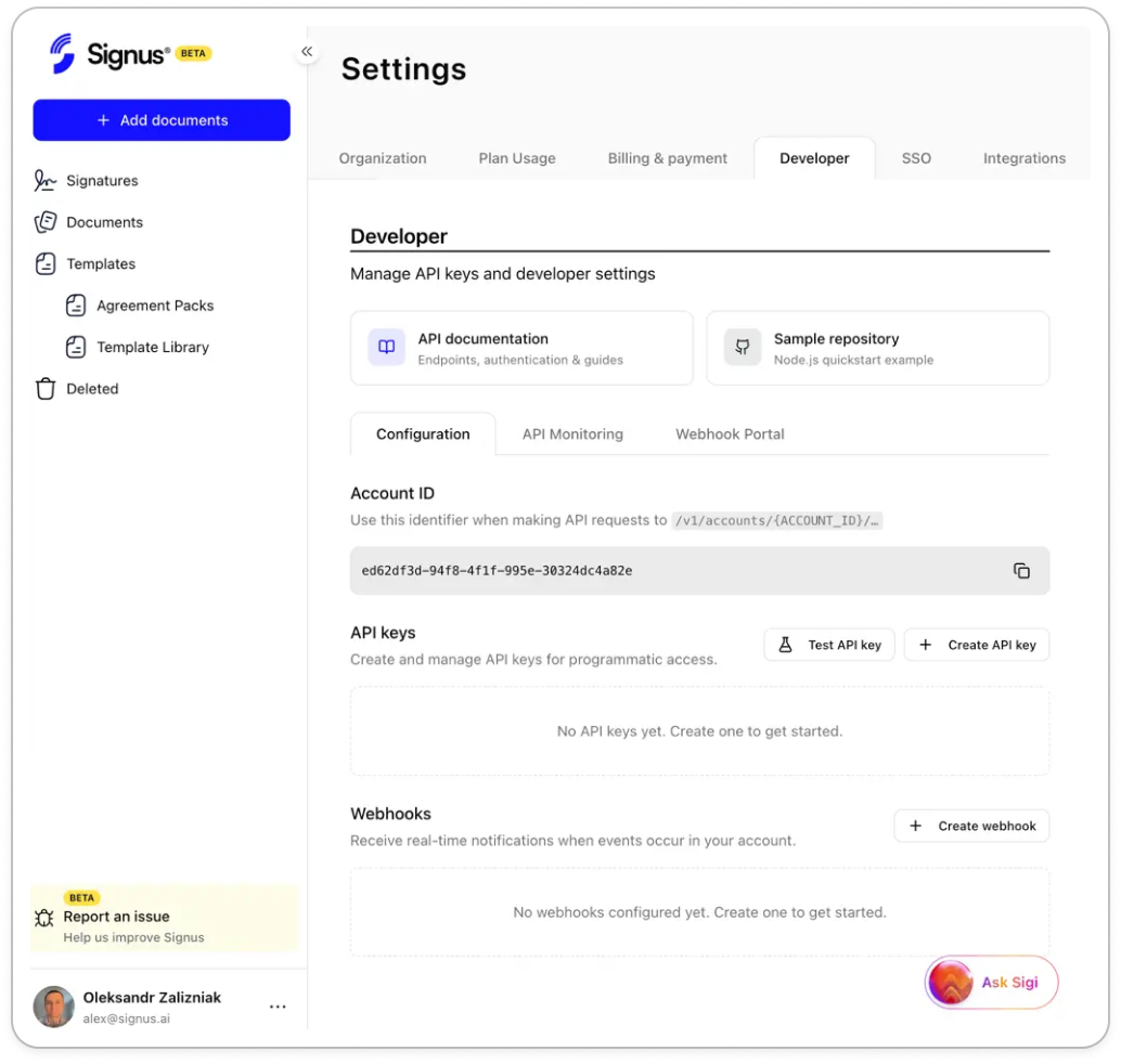 The Settings → Developer page, empty state